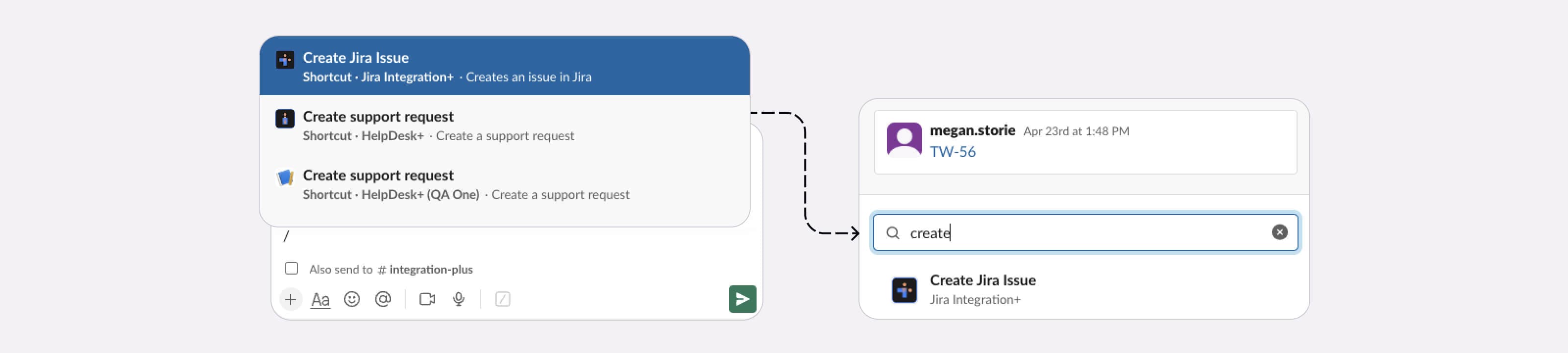Example of how to create a new Jira issue from anywhere in Slack with help from Appfire’s Integration+.