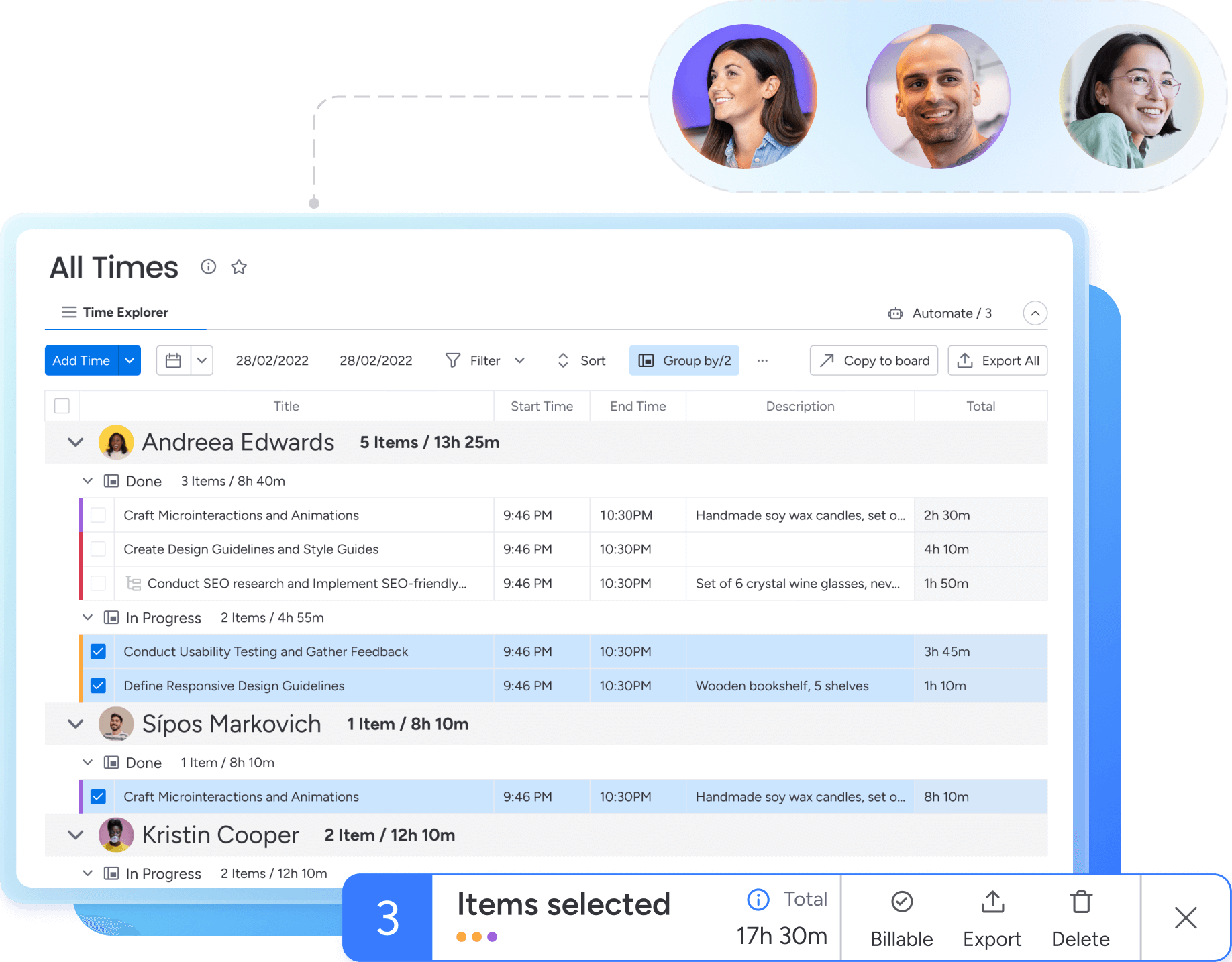 Time tracking interface showing an overview of tasks and times logged by different team members