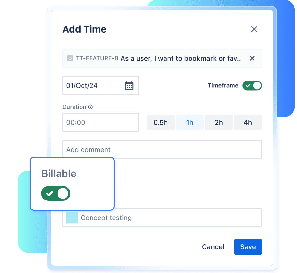 Screen capture of 7pace Timetracker displaying how easy it is to track time within epics or issues.