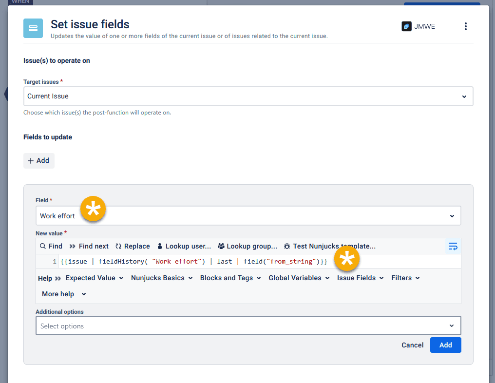 Set issue field function in JMWE to revert work effort value using Nunjucks