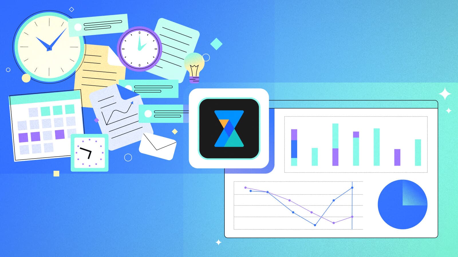 Illustration comparing 7pace TimeTracker and Jira time tracking, featuring clocks, charts, task lists, and the 7pace logo