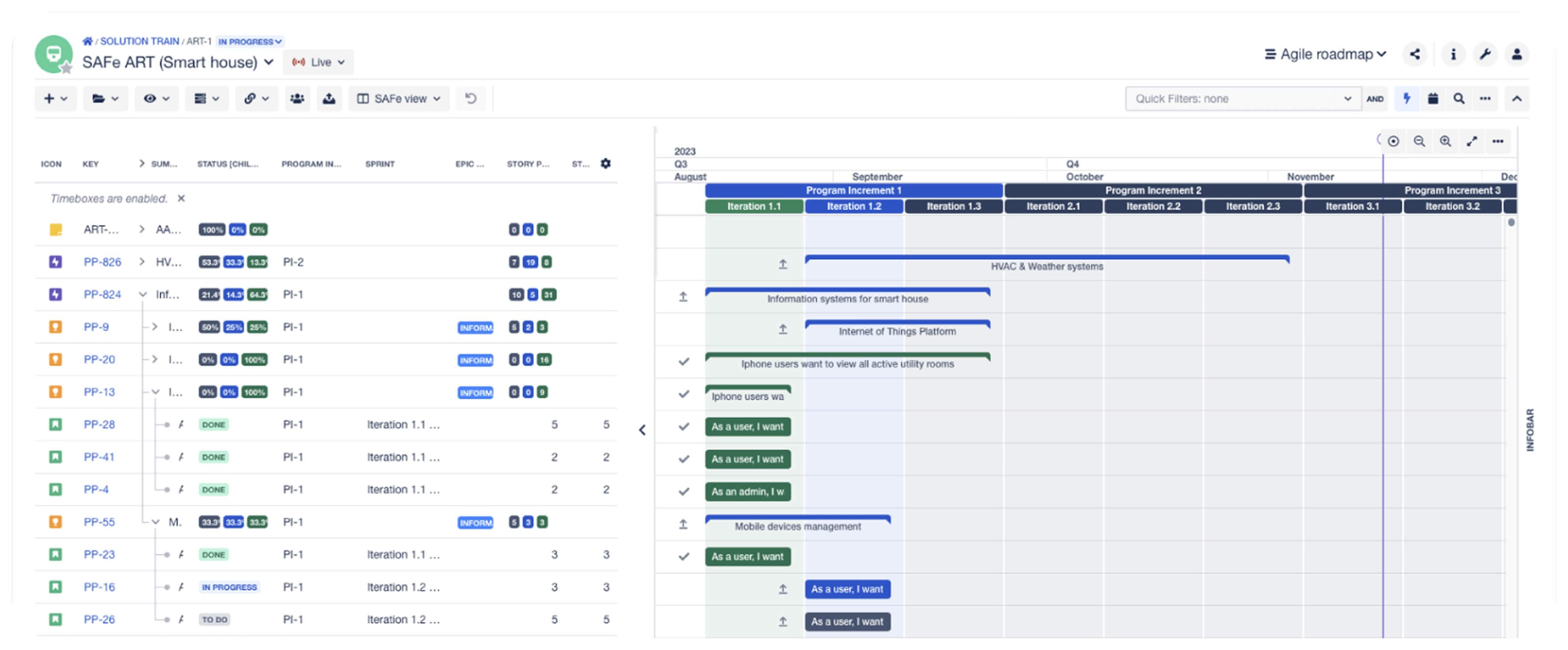  Product roadmap view with initiatives displayed on a timeline and linked to underlying Jira issues, showing planned timing alongside active work.