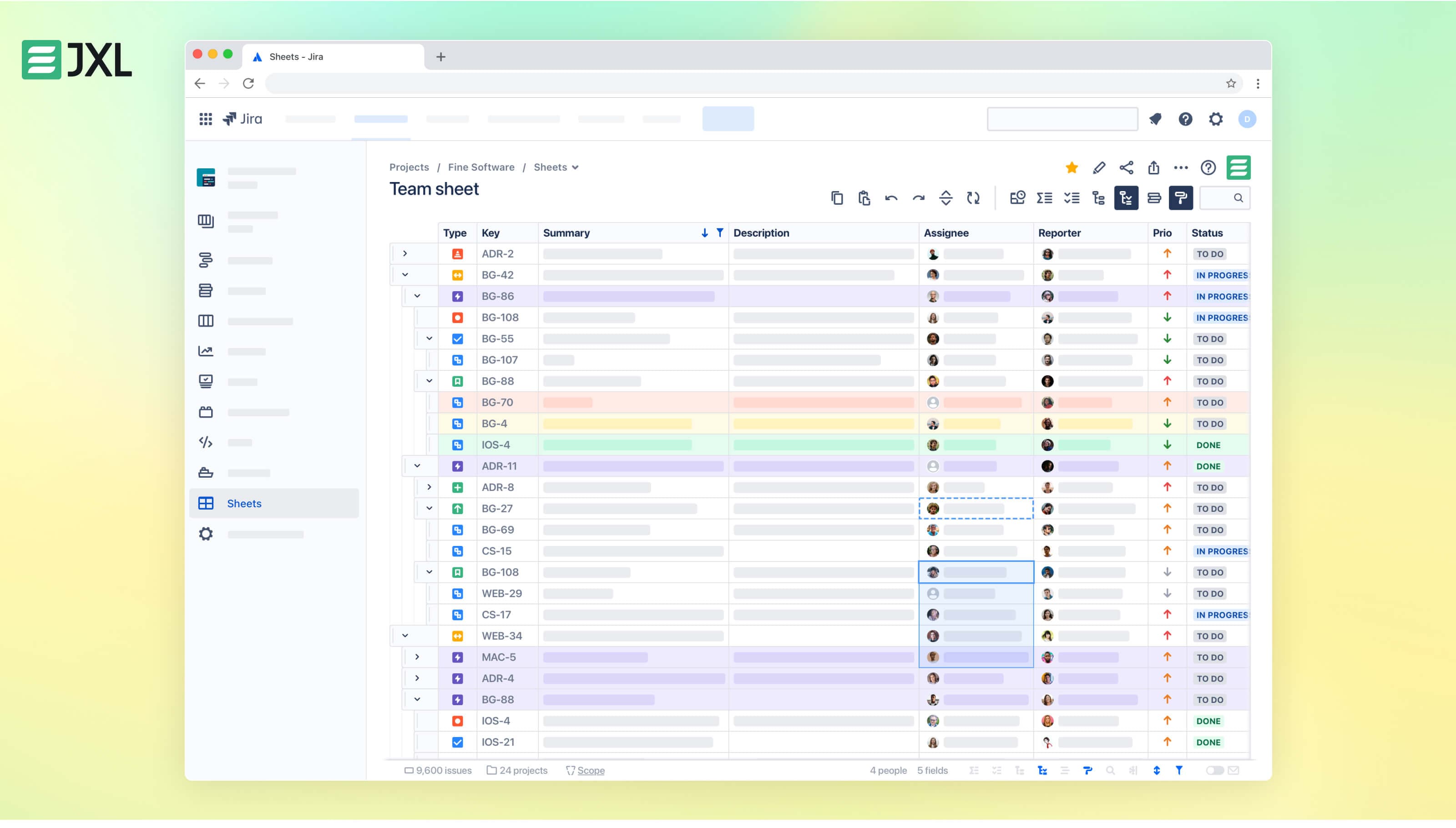 JXL spreadsheet view integrated into Jira, displaying a customizable table with various columns illustrating JXL's feature-rich issue editing and organizing capabilities.