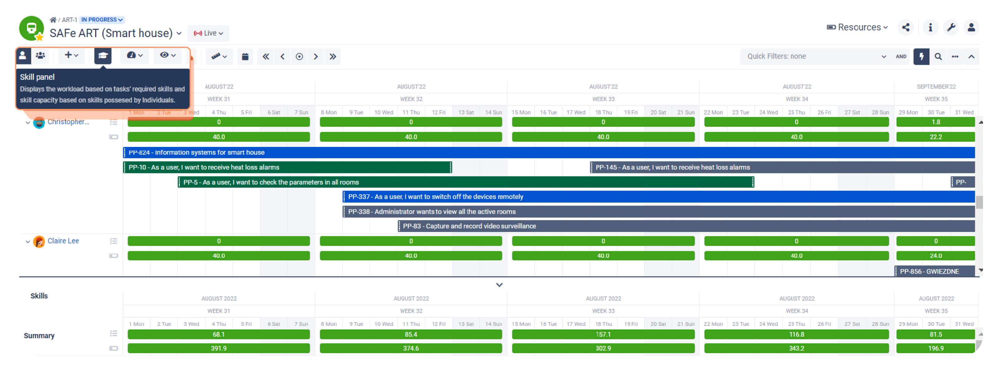 The lower part of the resource capacity view is for the skills.
