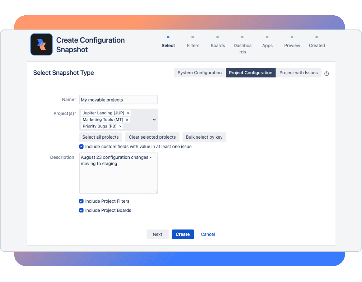 Screenshot showing the configuration management interface within Jira, displaying setup options and settings