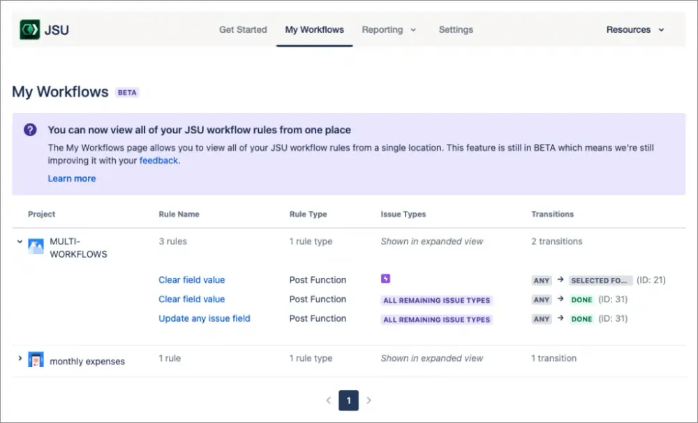 JSU’s 'My Workflows' page provides a handy overview of all your active workflow configurations