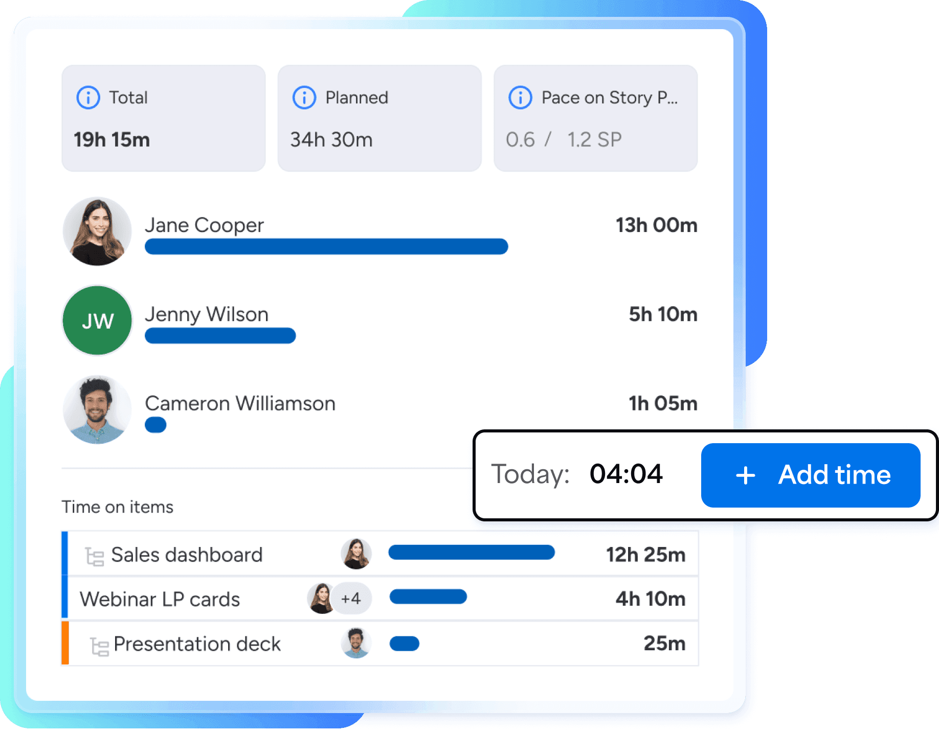 A screenshot of a project management interface displaying a task list on the left and a detailed time tracking panel on the right.