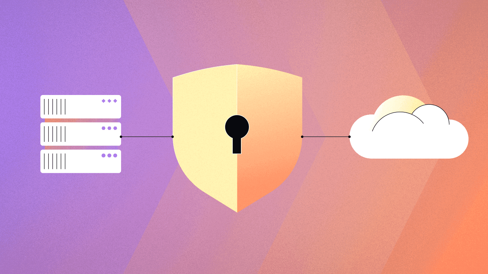 Illustration of cloud security, showing servers on the left connected through a shield with a keyhole to a cloud on the right, symbolizing secure data transfer from data centers to the cloud.