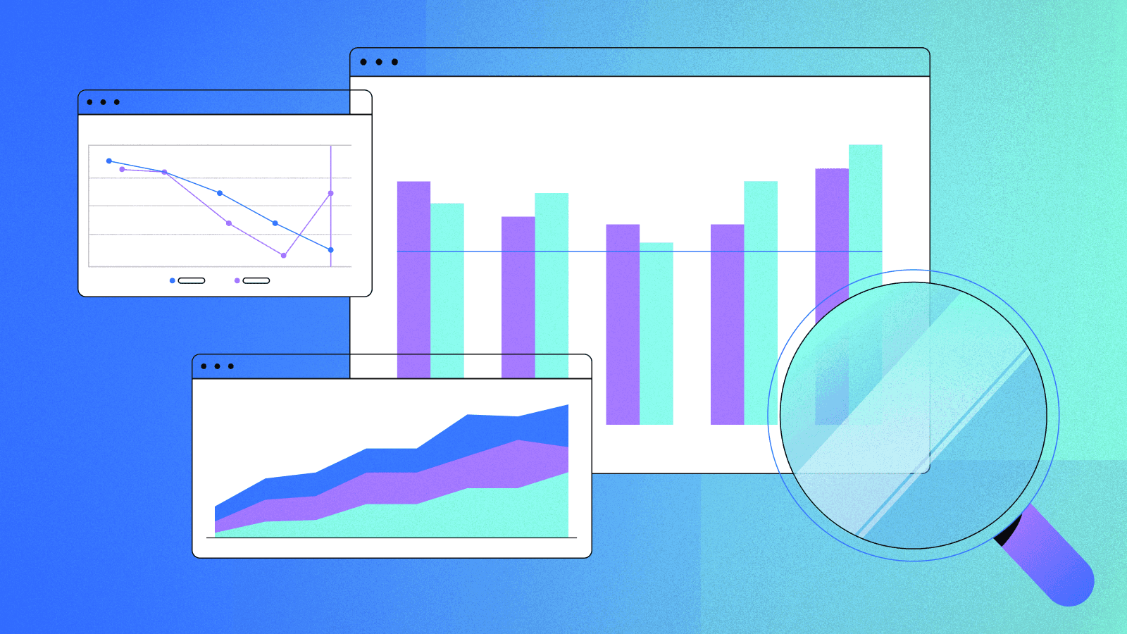 Illustration of various charts and graphs displayed on screens with a magnifying glass, symbolizing data analysis and performance tracking