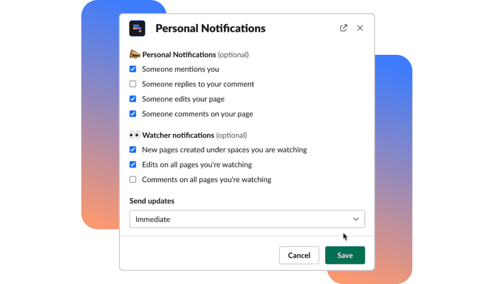 Personal Notifications interface with options for personal and watcher notifications.