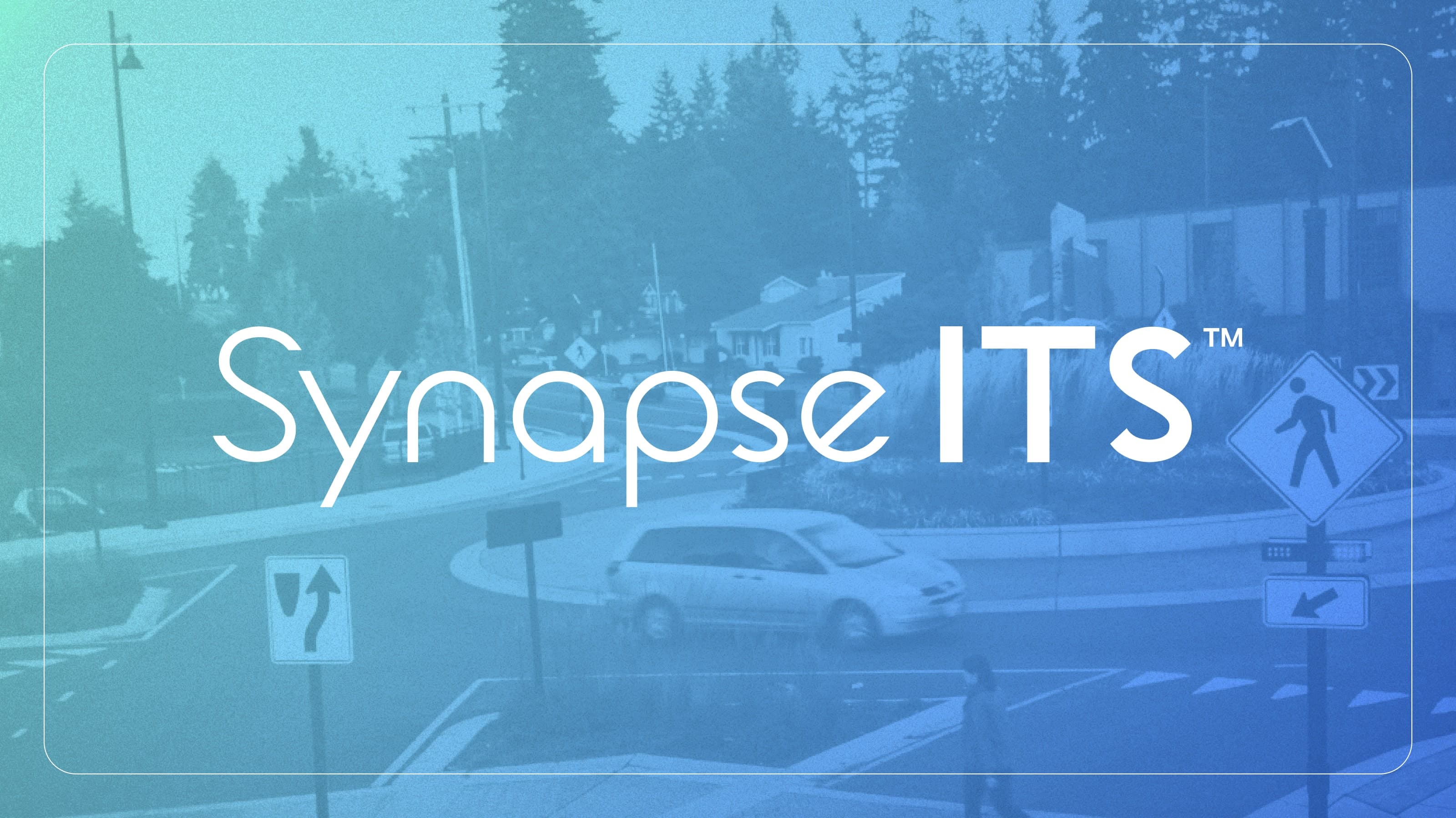 Synapse ITS logo overlaid on a background image of a roundabout with a car and pedestrian crossing signs. The background features a suburban street scene with trees and houses.