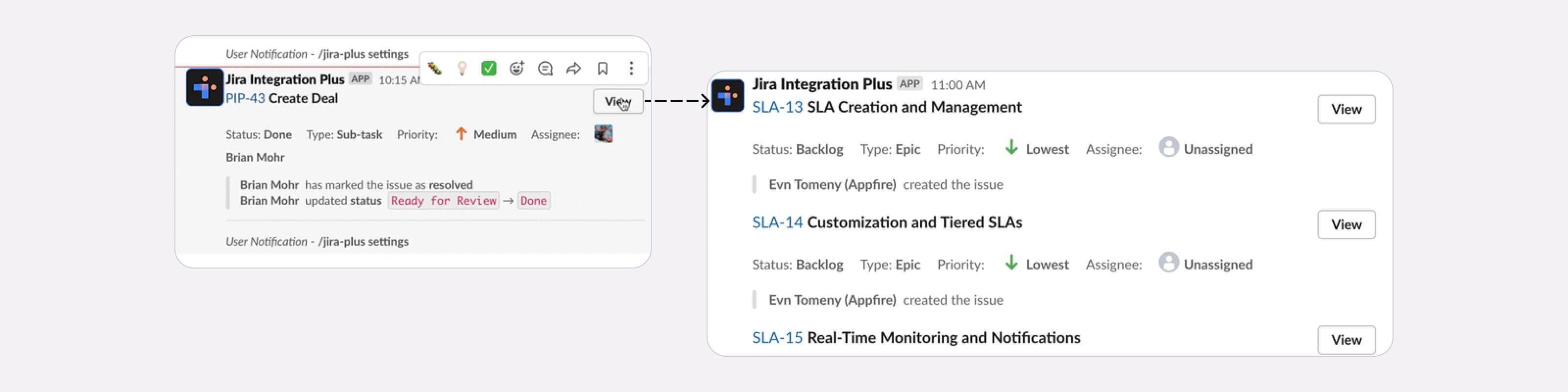 Screen capture showing how to get notifications in Slack channels when Jira tickets are updated when using Integration+.
