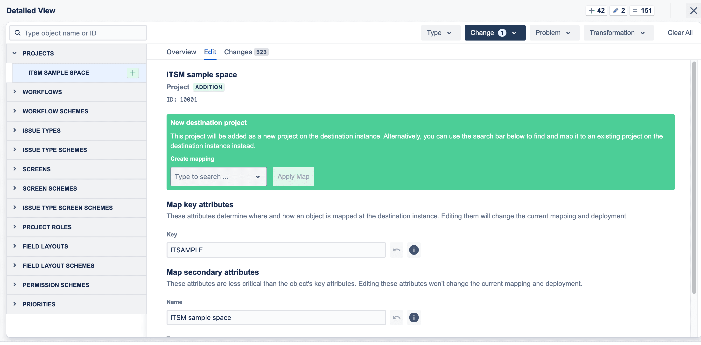 Edit view of the ITSM sample space project addition in Jira Configuration Manager, highlighting project key, name mapping, and the option to apply a mapping to an existing project.