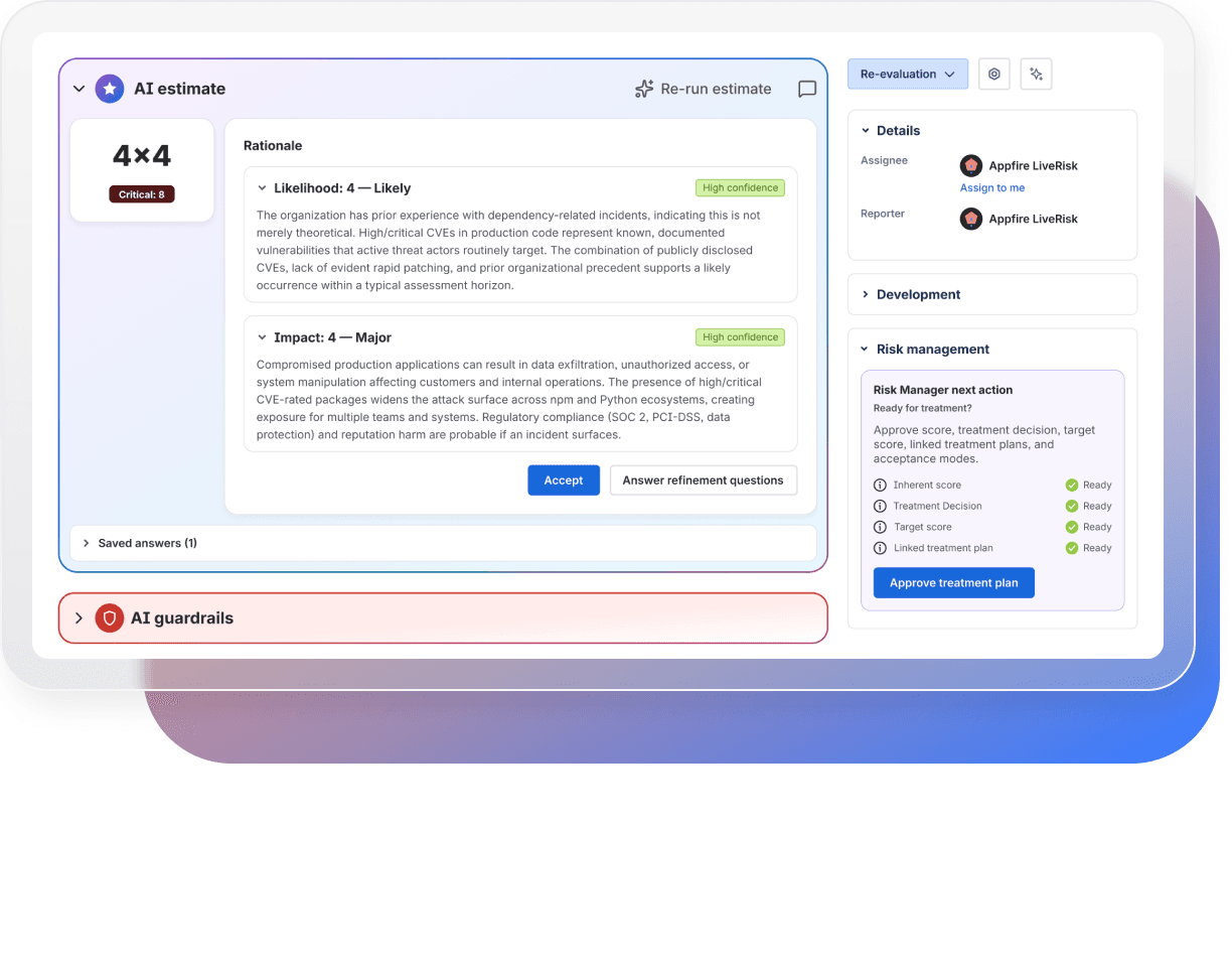 Connect approved risk treatments to Jira work so remediation teams can manage mitigation through epics, stories, and tasks with clear ownership.