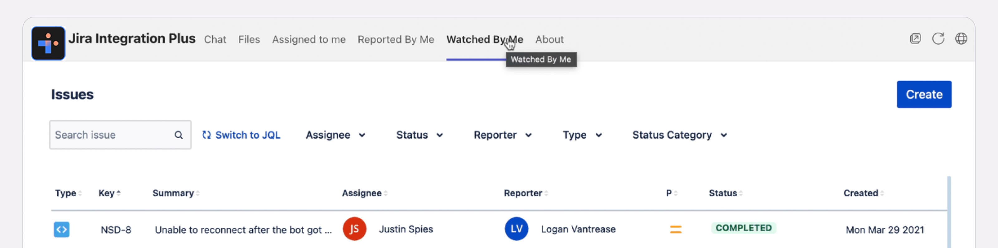Jira Integration Plus app within Microsoft Teams. It displays a list of issues that are being tracked by the user.