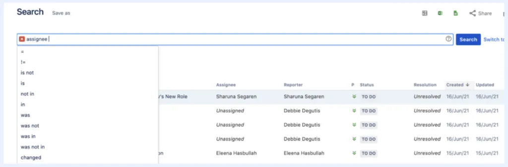 List of operators results in search
