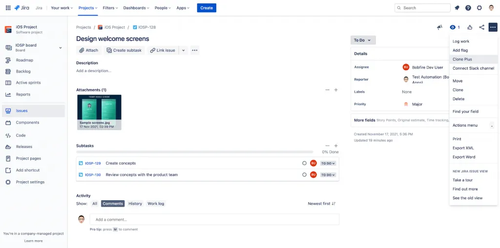 Jira Dashboard - Clone plus issue example