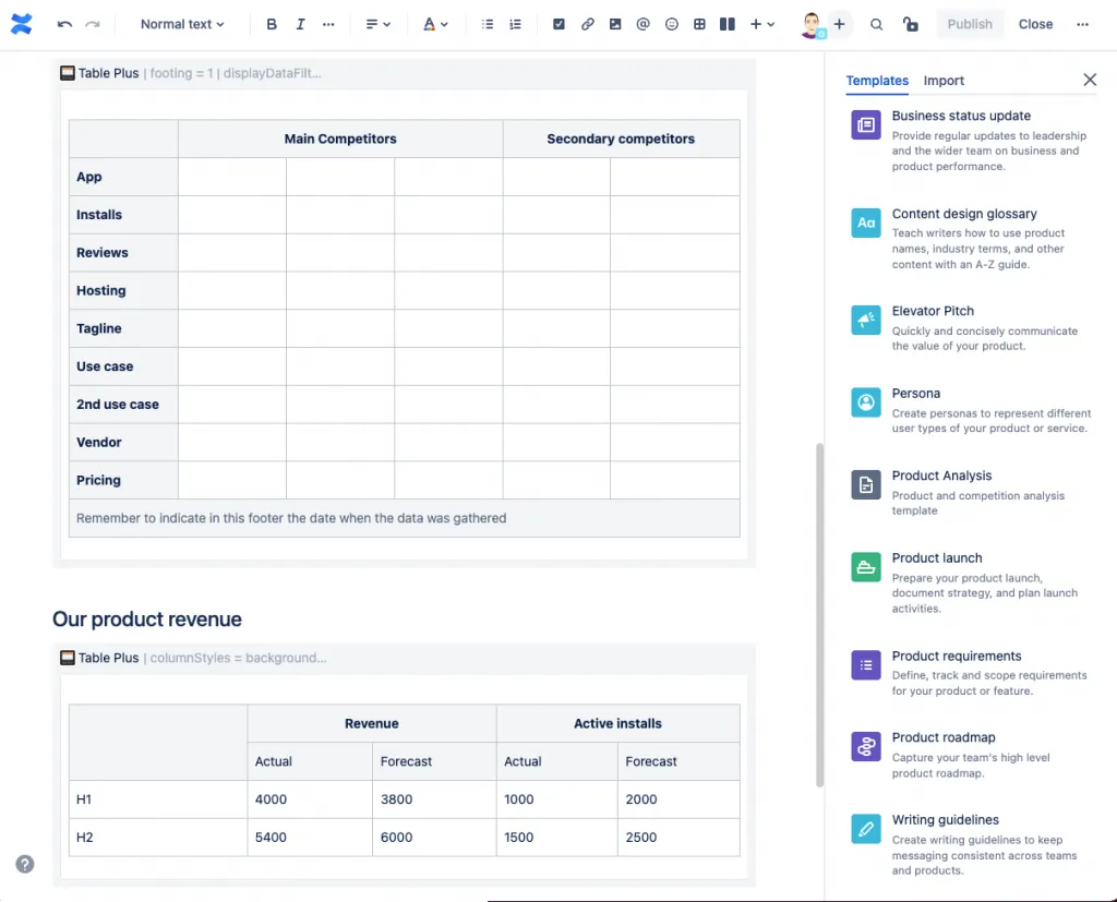 Sample page template for product and competition analysis
