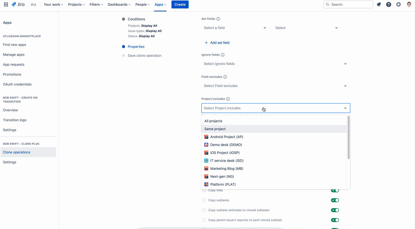 Clone operation demo of options to select