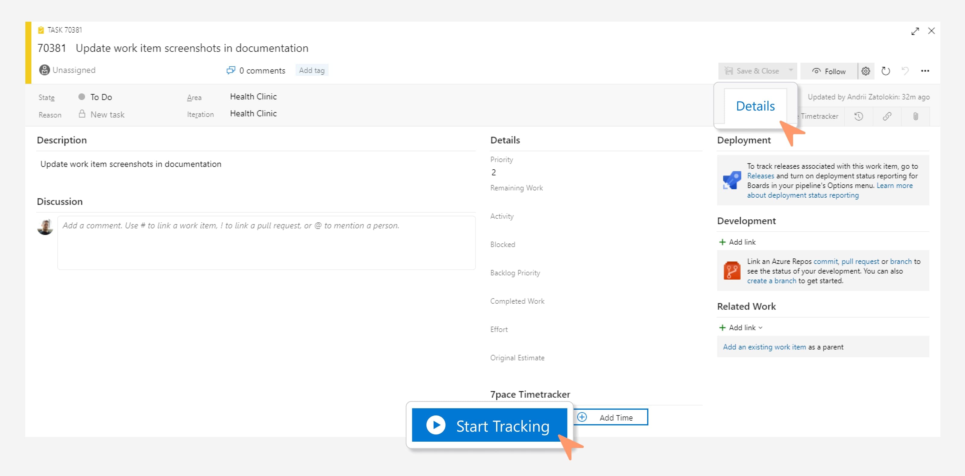 Screenshot of a task interface in 7pace, showing task details like priority, remaining work, and related work. The 'Start Tracking' button is highlighted at the bottom of the interface.