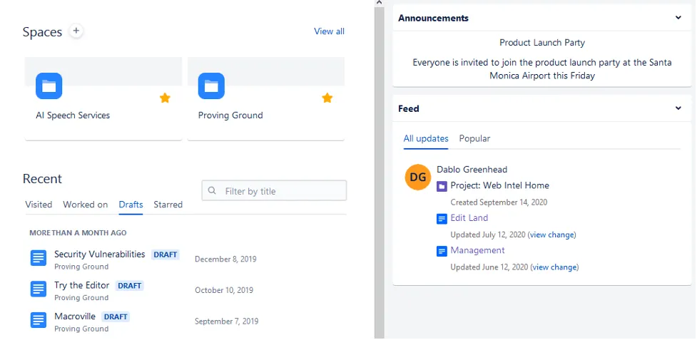 Confluence dashboard