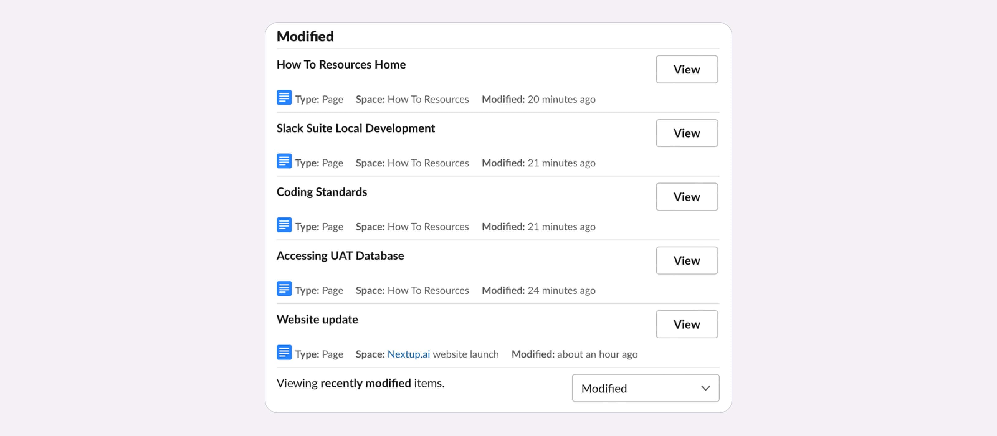 Example view of recently updated Confluence document notifications when Appfire’s Docs+ for Slack is implemented.
