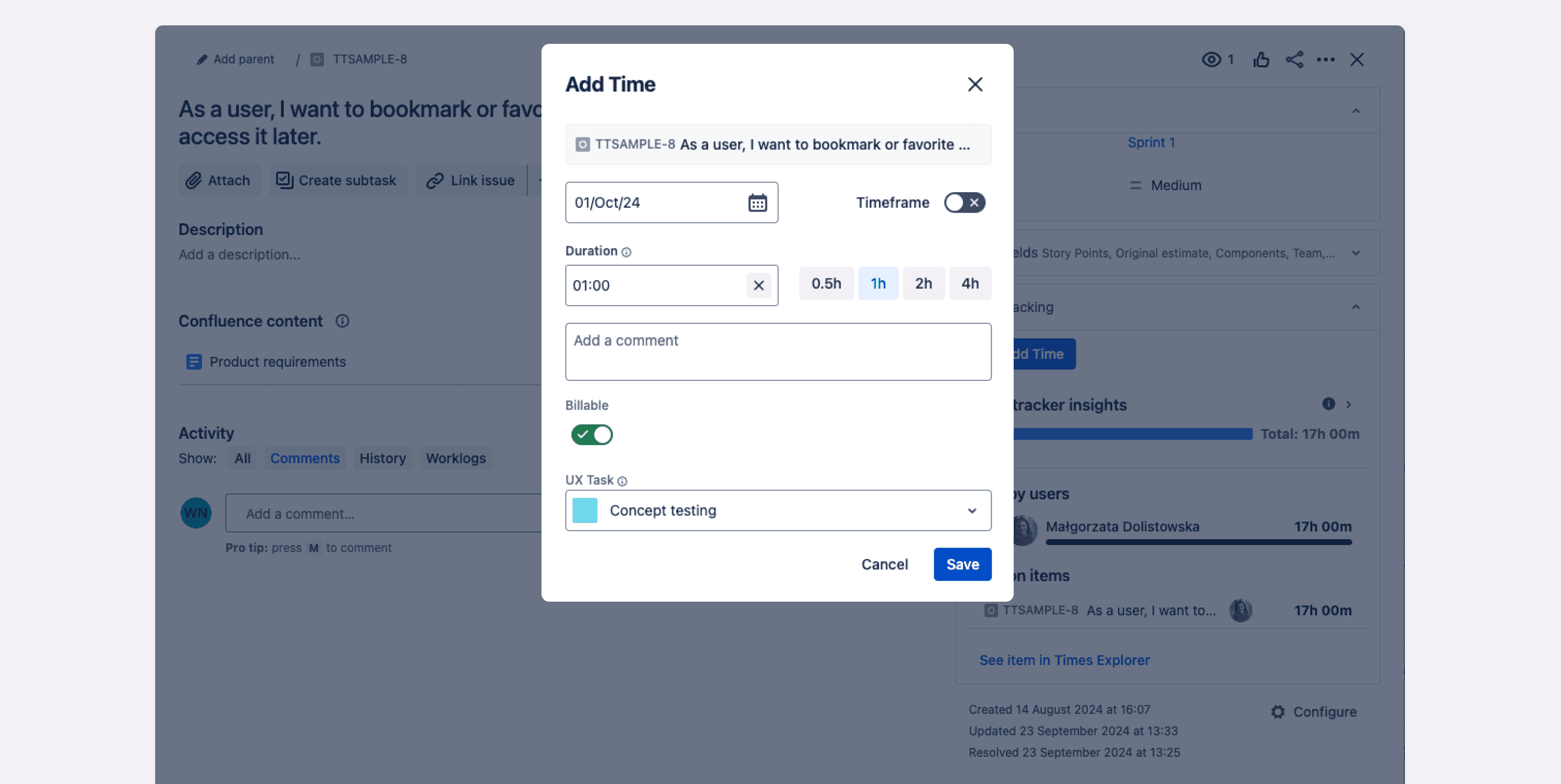 Jira issue screen displaying the 7pace TimeTracker 'Add Time' dialog box with date, duration, comments, and billable toggle options.