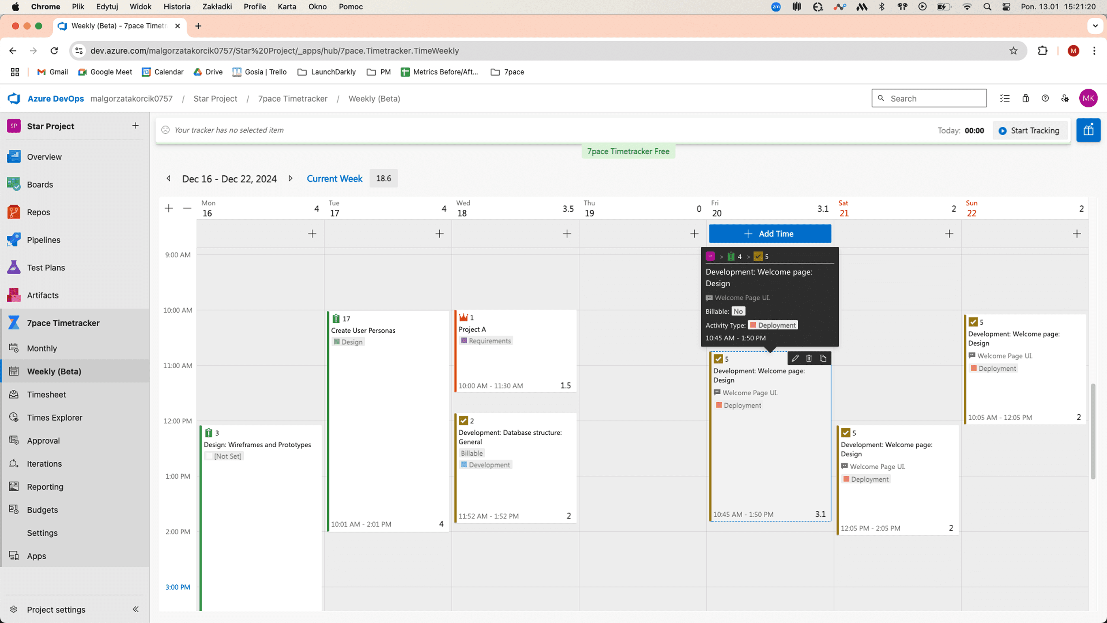 The weekly view showing time entires from an entire work week. It contains work item details, billable time, total hours logged, and more.