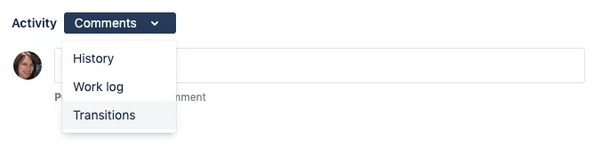 Comments dropdown with Transitions option highlighted