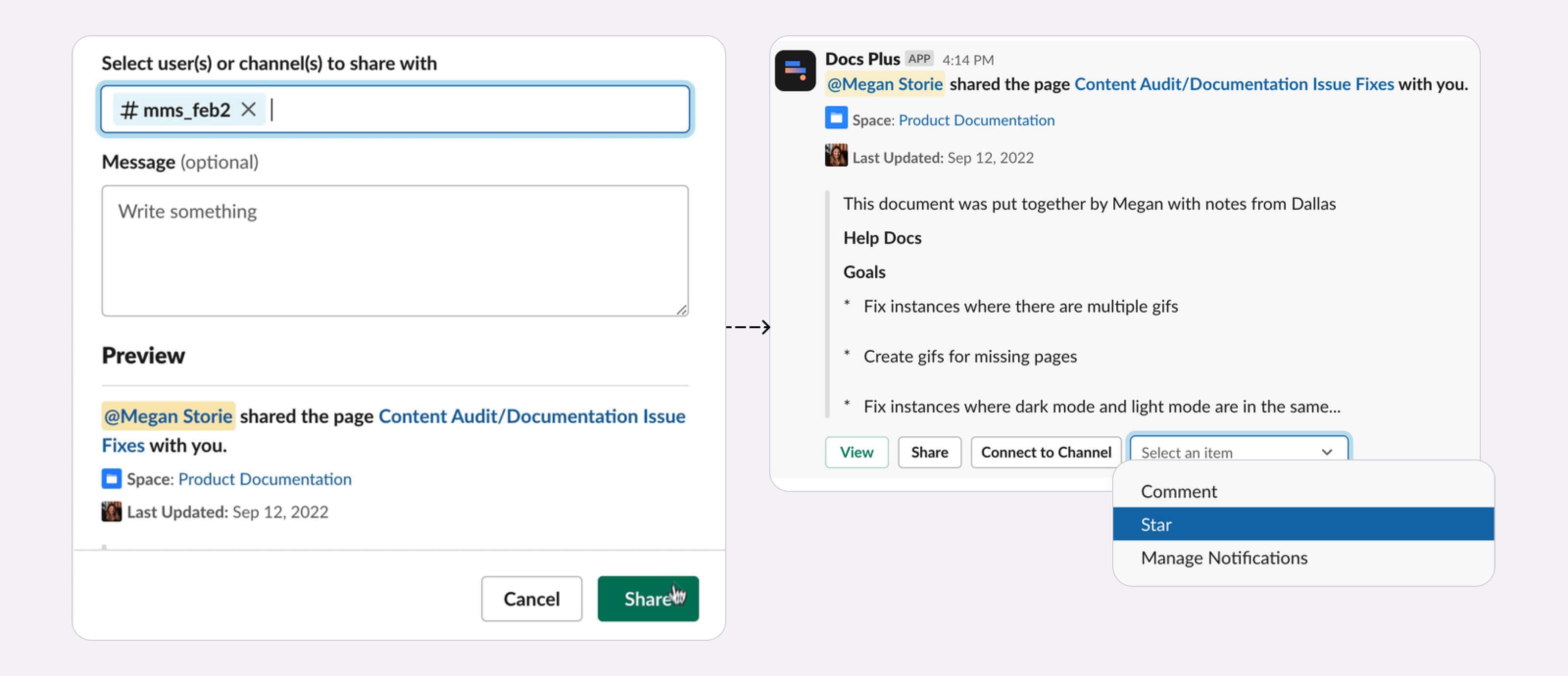 Overview of how to easily share Confluence documents within and to Slack when Docs+ is implemented.