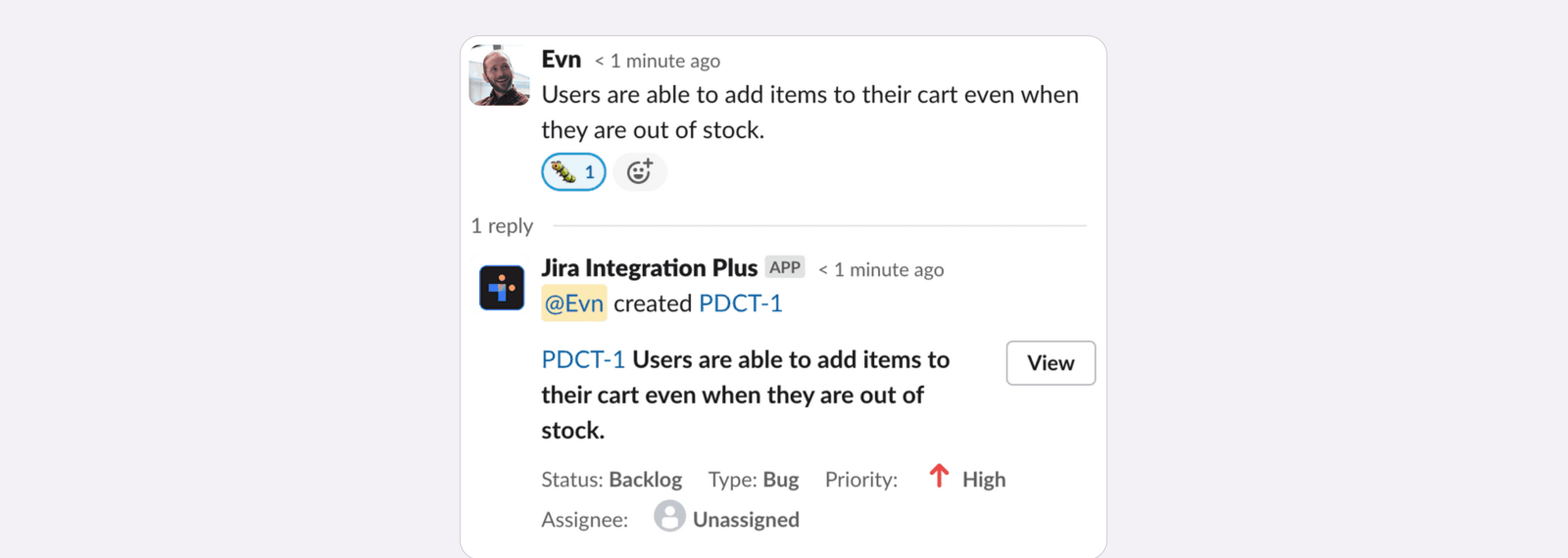 Bug emoji being used to help automatically create a Jira issue from a message.