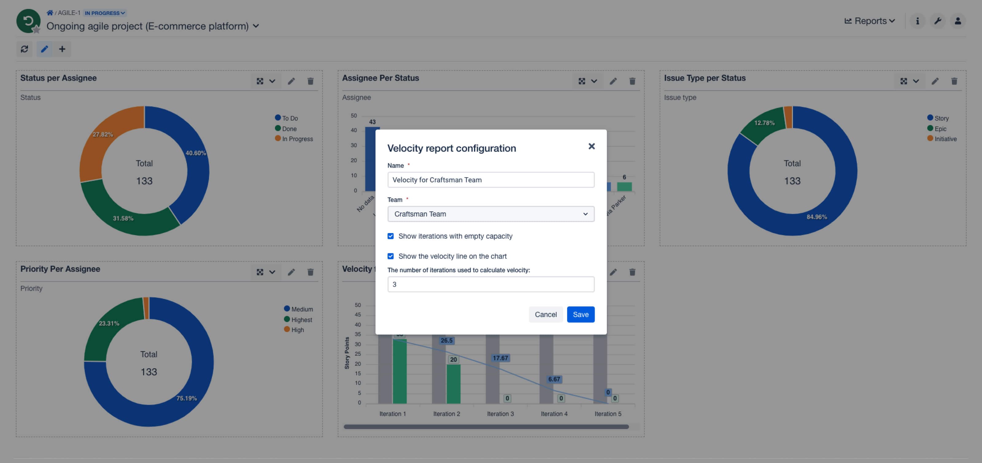 Configuration of the velocity report in BigPicture