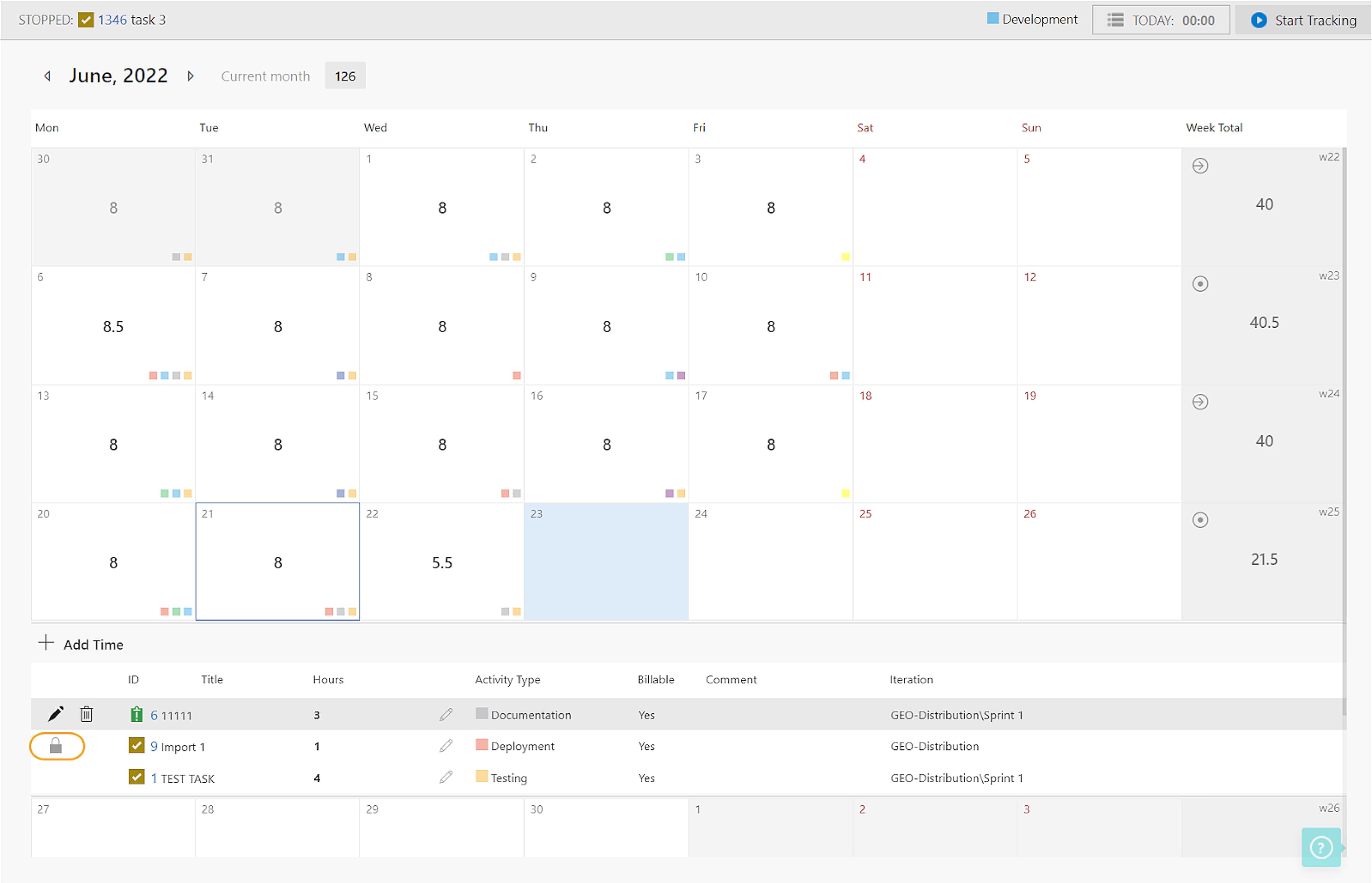 Timesheet view in 7pace for June 2022. Tracked hours and activities are listed for each day, with a breakdown of tasks like 'Import 1' and 'TEST TASK' at the bottom.