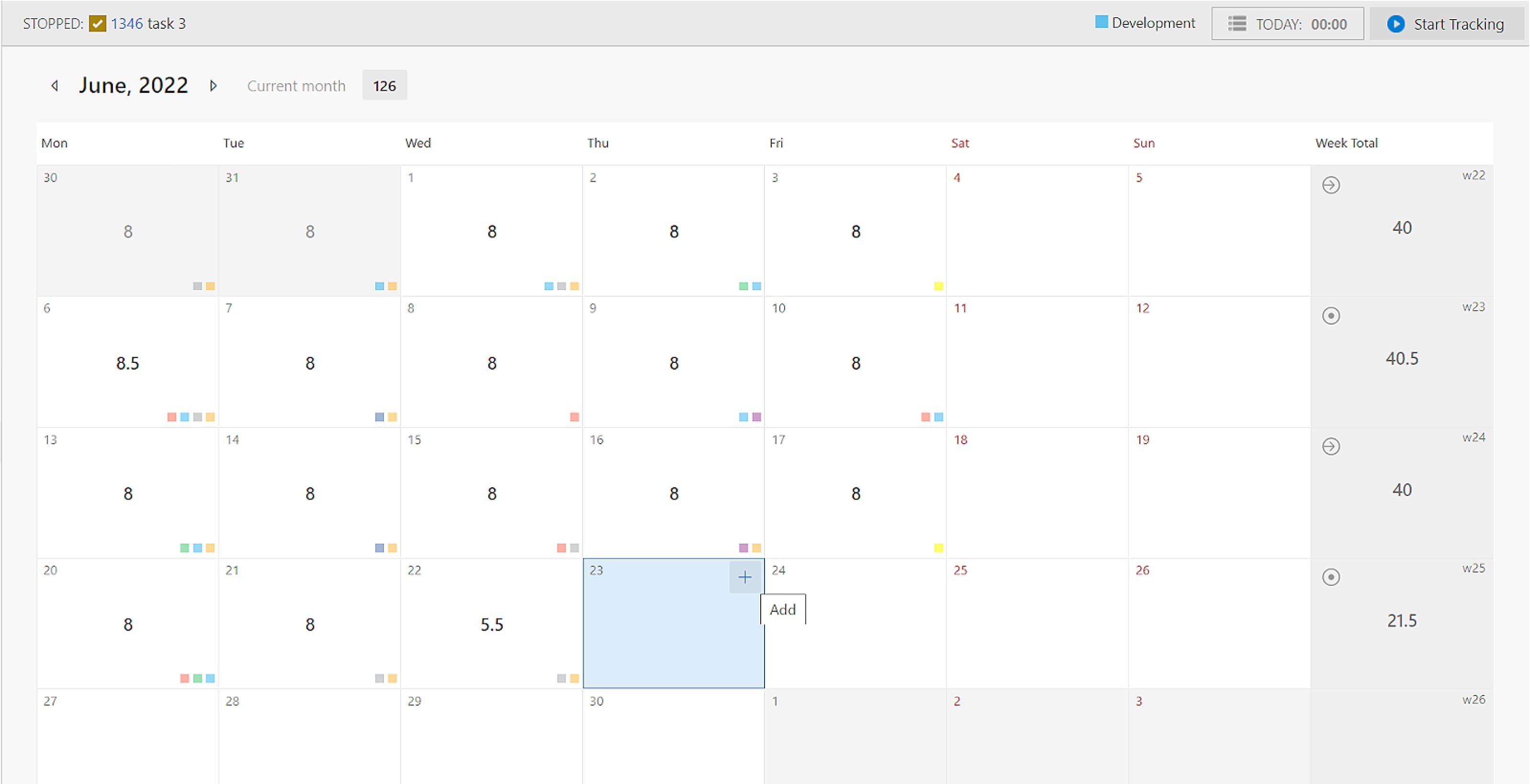 Monthly calendar view in 7pace showing hours tracked each day, with a task titled 'task 3' highlighted as stopped. Each day displays tracked hours, and the total hours are listed for each week.
