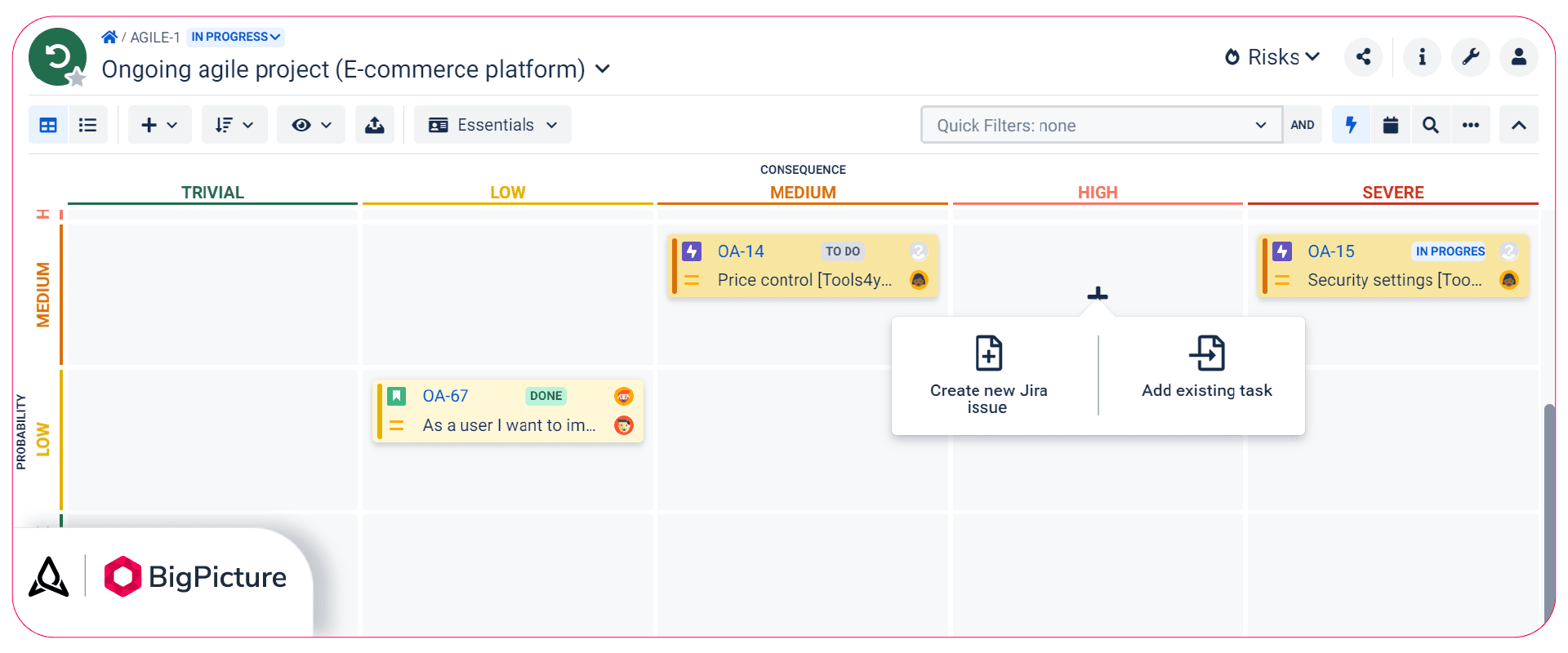 You can add a new Jira issue or an existing task to the risk matrix to visualize it as a risk.