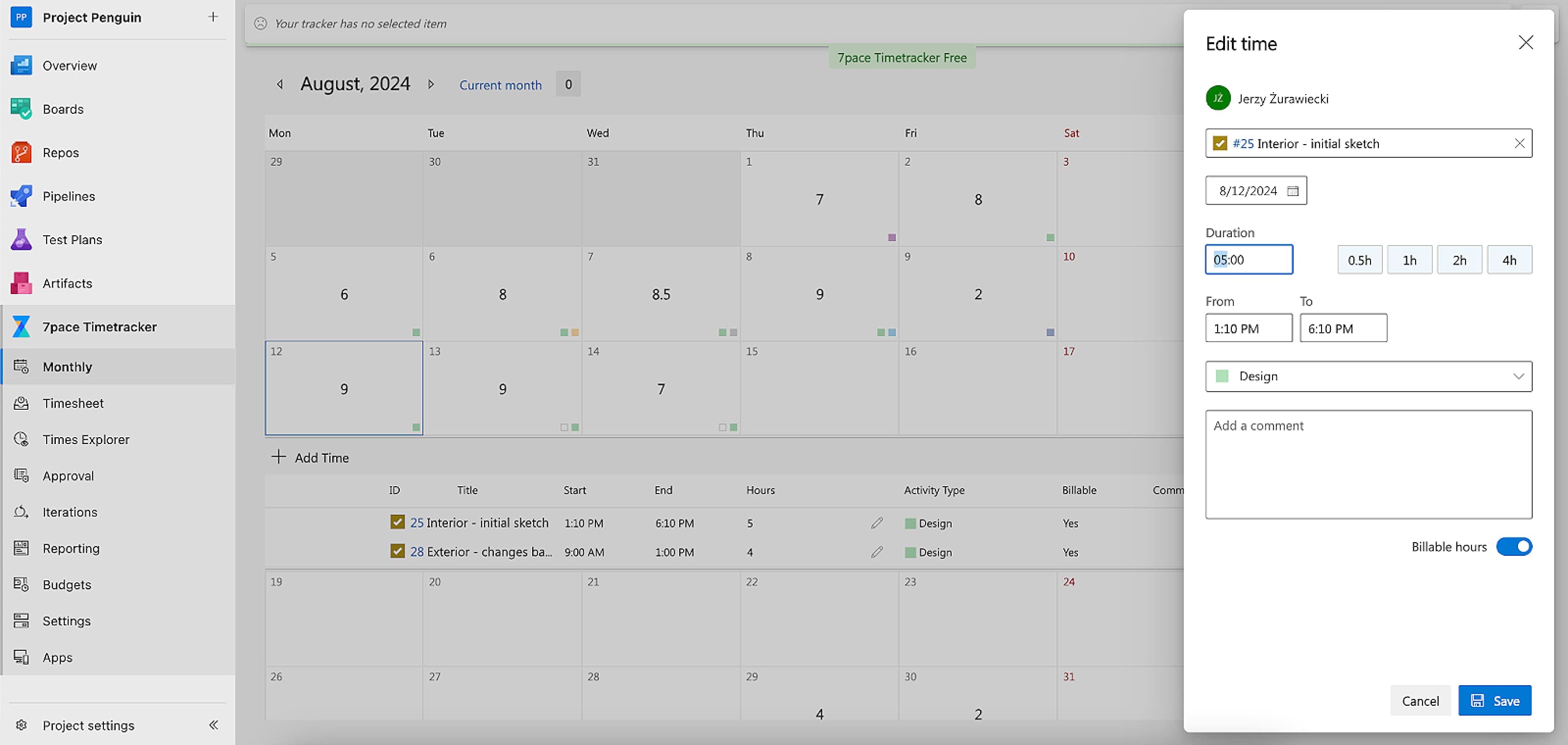 Calendar view showing tasks and their tracked time for each day in August 2024. A right-hand panel displays a pop-up where a user is editing time details for a task, including duration, activity type, and billable status.