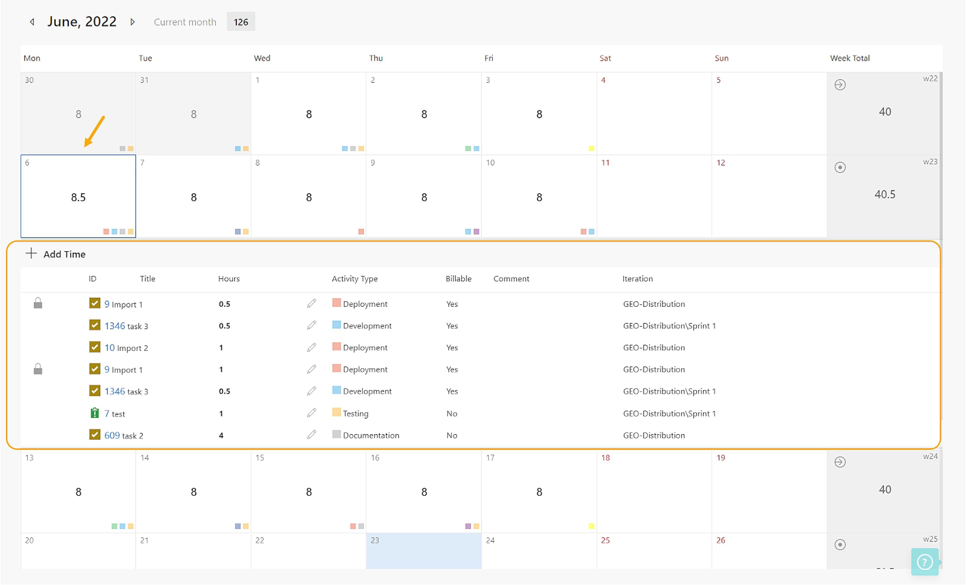Calendar view in 7pace with a detailed breakdown of tasks and hours worked for each day. A task entry with a duration of 8.5 hours is highlighted, and time is being added for multiple tasks.