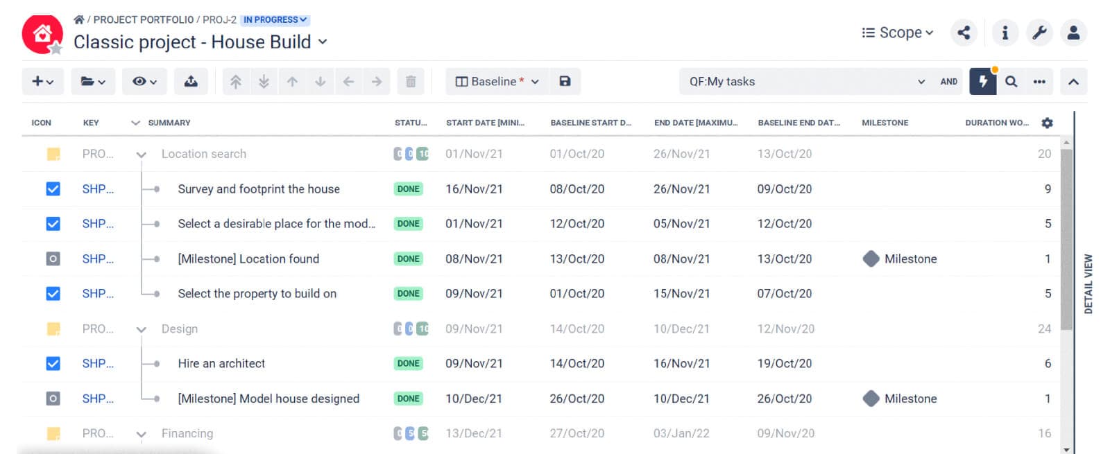 An overview of the Scope page in BigPicture that lists all the in-scope tasks for the individual project. You can edit the existing scope to add new tasks or remove those that are out of scope.
