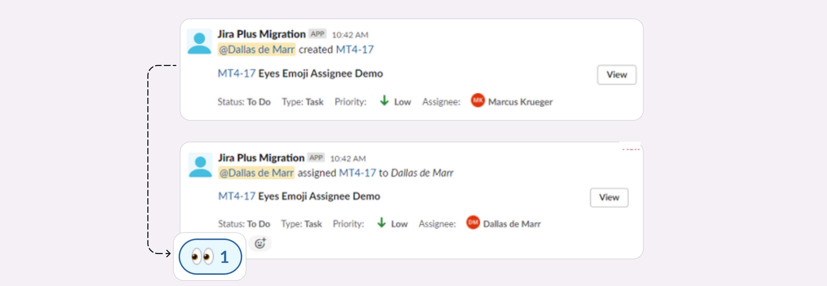 two instances of a Jira Plus Migration message in a chat interface (possibly Slack), both related to task MT4-17