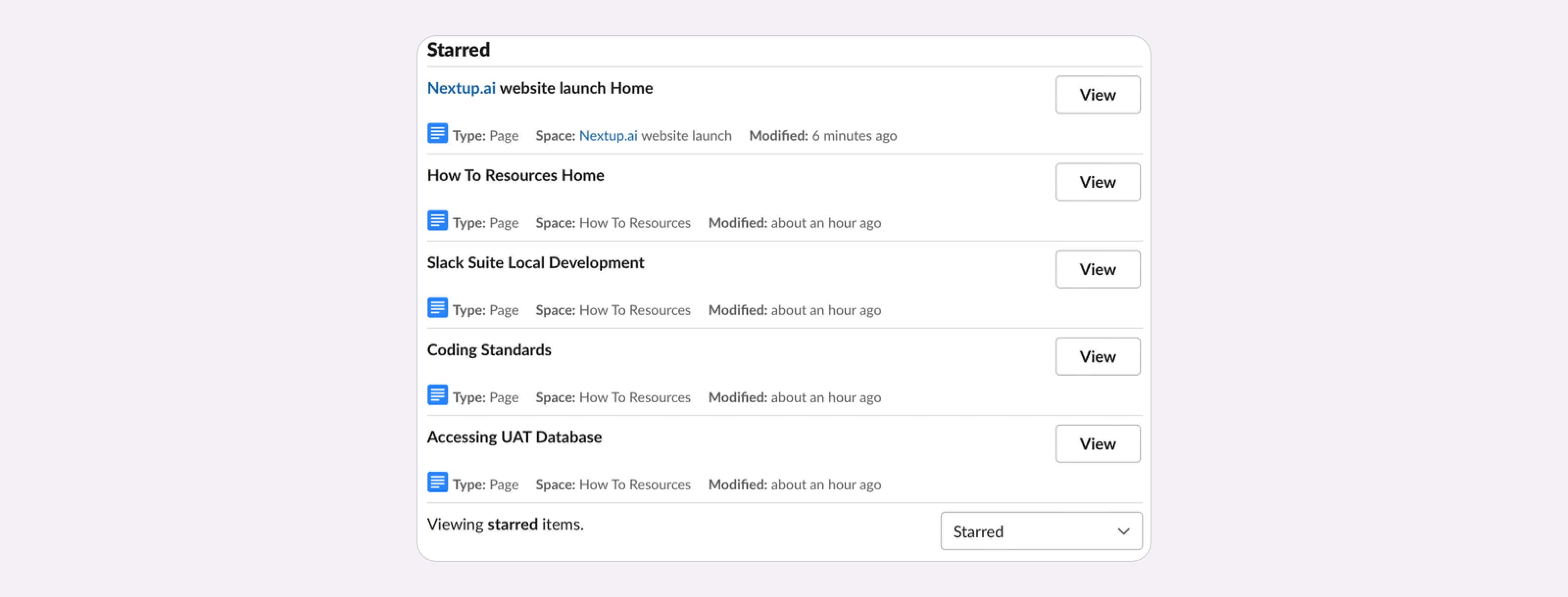Example view of all your starred Confluence document notifications when Appfire’s Docs+ for Slack is implemented.