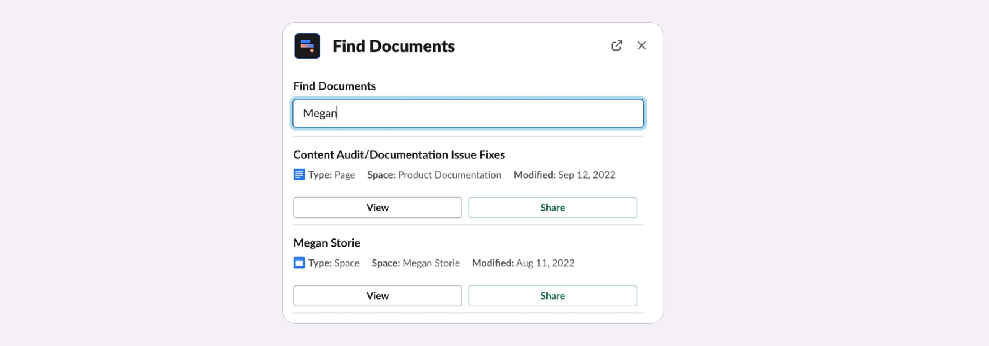 Overview of how to easily search for documents within Slack when Docs+ is implemented.