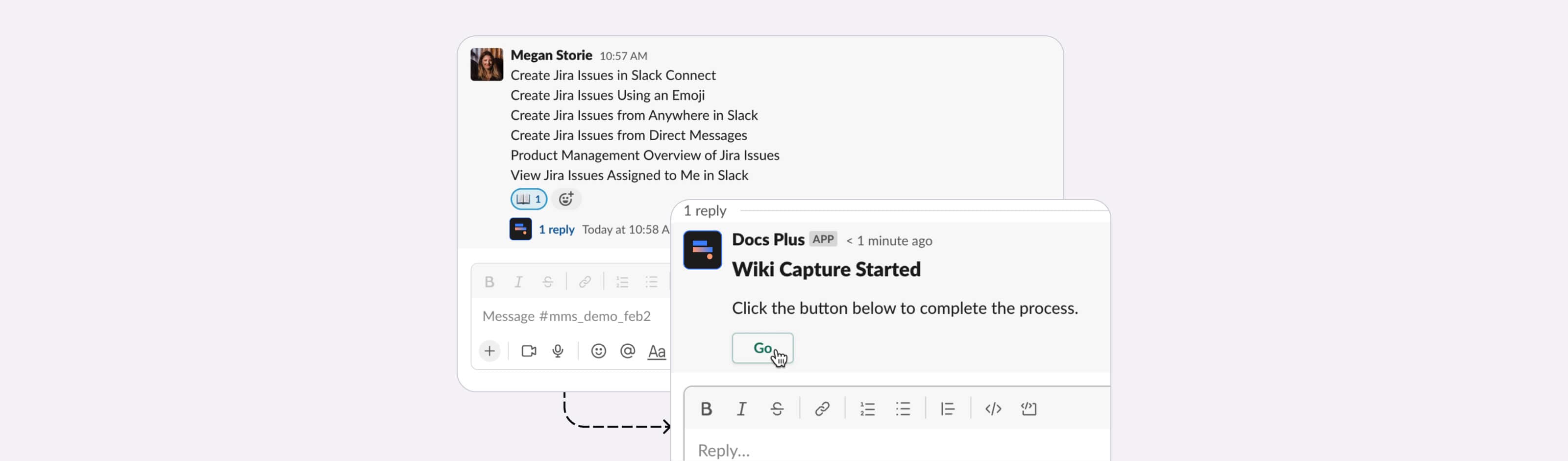 Example of how to capture meeting notes to a documentation page within your company’s wiki using Docs+ for Slack.