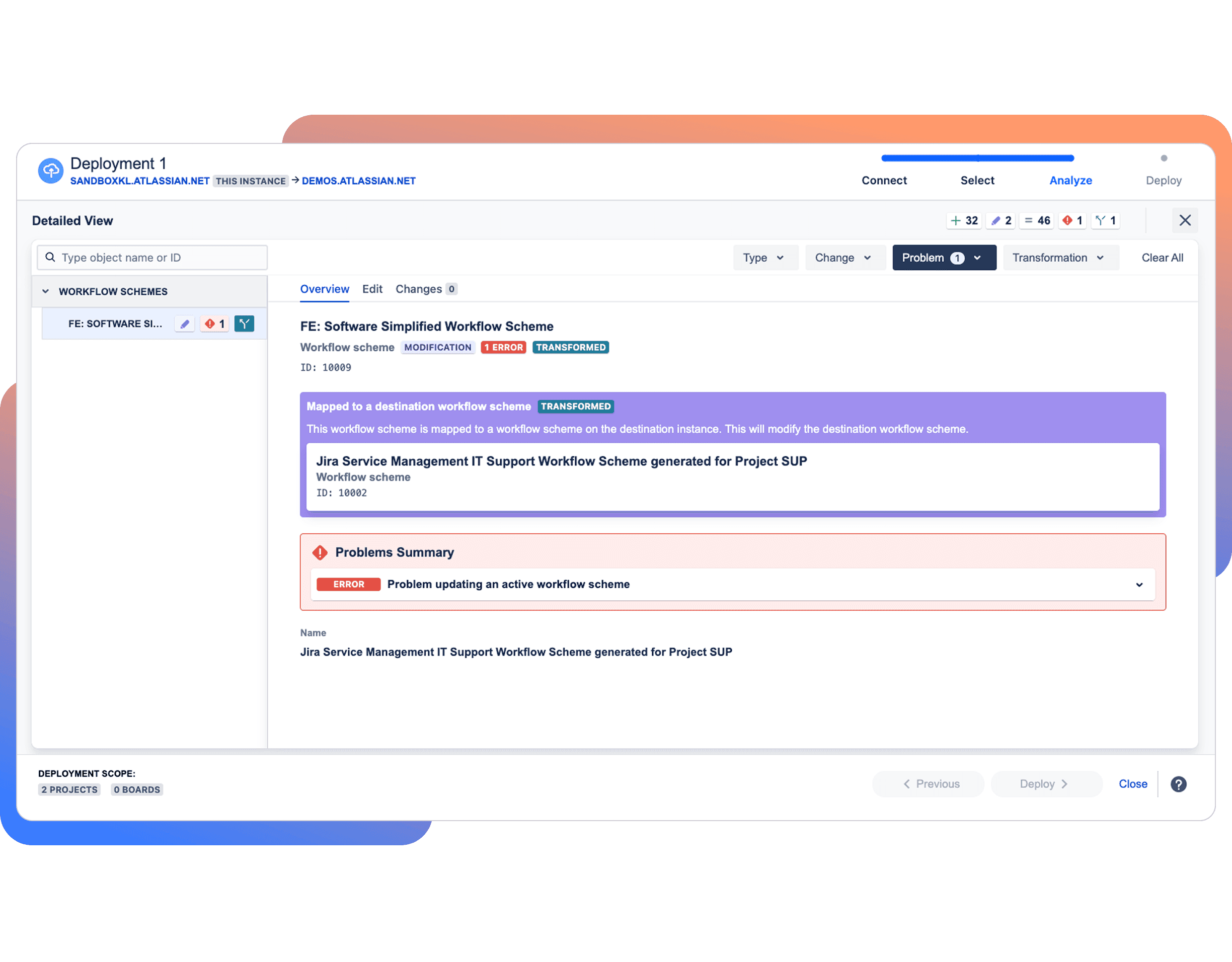 Jira deployment detailed view highlighting an error in the workflow scheme modification, with a problem updating an active workflow scheme for the IT support project.